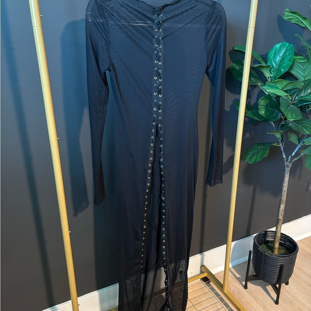 SHEIN Black Lace-Up Long Sleeve Dress